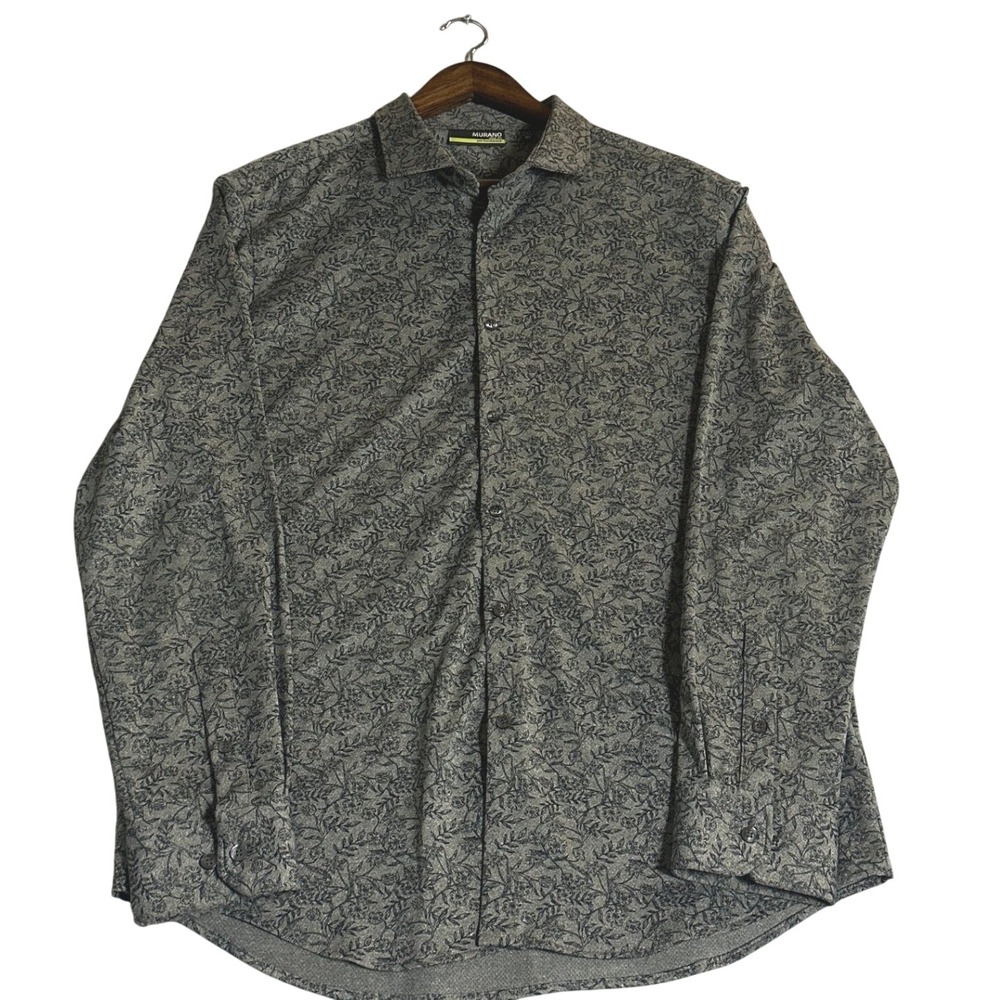 Murano Men's Button Down Slim Fit XL Grey Blue Long Sleeve Floral Menswear